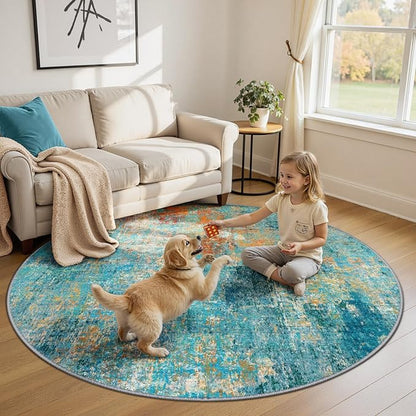 Washable Area Rugs 6ft Non-Slip Modern Abstract Soft for Living Room Entryway Bedroom Nursery, Print Pattern, Teal Blue Green Orange Rust Red Coloreful