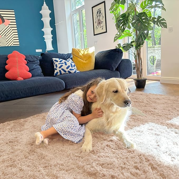 OLANLY 7x11 Machine Washable Large Area Rugs for Living Room, Bedroom, Soft Fluffy Shaggy Bedside Rug, Indoor Floor Carpet for Kids Girls and Boys, Dorms, Nursery, Home Decor Aesthetic, Beige