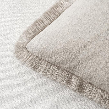 MIULEE Decorative Throw Pillow Covers Neutral Linen Fringe Throw Pillows Set of 2 Natural Beige Boho Farmhouse Cushion Covers with Tassels for Couch Sofa Bed Living Room Spring Decor 16x16 Inch