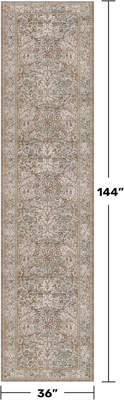 Moss 3x12 Extra Long Wide Runner Rug for Hallway, Non Slip Washable, 12 ft Large Kitchen Floor Rugs for Indoor Entrance, Low Pile Stain Resistant Vintage Floral Leaf Carpet