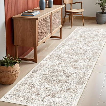 Washable 2'6''x8' Runner Rug - Non-Slip Vintage Runner Rug for Entryway Low-Pile Medallion Long Rugs for Hallway Waterproof Traditional Indoor Thin Rug for Kitchen (Cream/Beige)