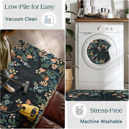 Front Door Mat Indoor Entrance - 2x4.3 Ft Black Floral Washable Layered Doormat Outdoor Entrance Porch Rug Non-Slip Boho Runner Rug for Kitchen Hallway Bedroom Laundry Room Porch Decor