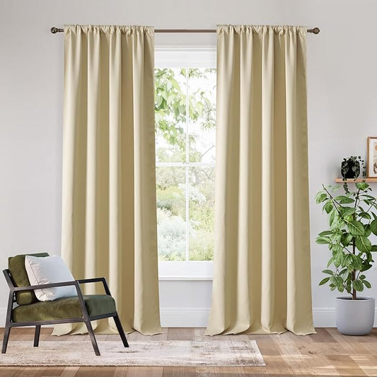 RYB HOME Bedroom Blackout Curtains 80 inches Long, 100% Blackout Thermal Insulated Noise Reducing Curtains for Living Room Nursury, 34 inches Wide by 80 inches Long, Biscotti Beige