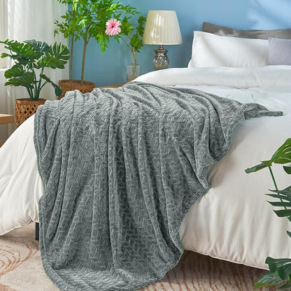 inhand Grey Fleece Twin Blanket, Super Soft Flannel Cozy Blankets for Adults, Lightweight Leaves Pattern Fuzzy Blanket for Couch Sofa Bed Office, Warm Plush Blankets for All Season, 60x90 Inches