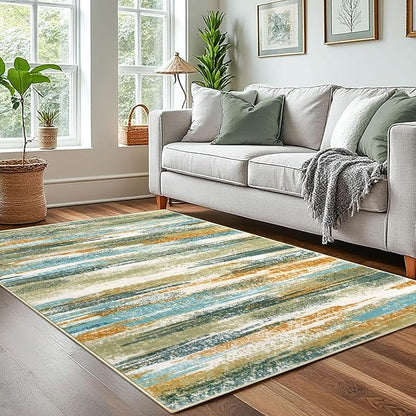Lansny Modern Abstract 4x6 Living Room Washable Rug Non-Slip Soft Bedroom Area Rug Green Mustard Multi Thin Print Faux Wool Floor Carpet Throw Rugs for Nursery Playroom Dining Room Indoor Office
