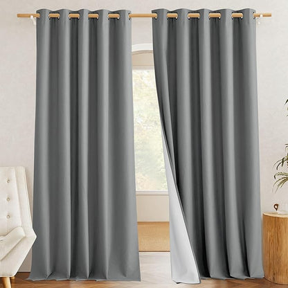 NICETOWN 100% Absolutely Blackout Linen Curtains with Thermal Insulated White Liner, Dove Grey, W62, 2 Pieces, Noise Reducing Textured Linen Look Curtains for Windows 95 inch Length for Classroom