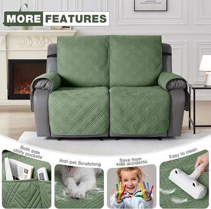 TAOCOCO 100% Waterproof Loveseat Recliner Covers 2 Seater, Split Loveseat Covers for Reclining loveseat, Non Slip Reclining Couch Cover with Double Straps for Kids, Pets(2 Seater, Bean Green)