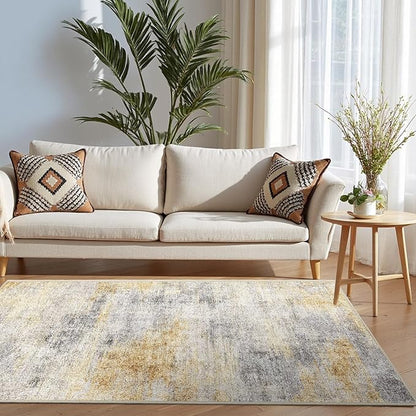 3x5 Washable Entryway Area Rug: Modern Abstract Small Runner Rug Indoor Soft Non Slip Rug for Living Room Low Pile Thin Floor Carpet for Kitchen Dining Room Bedroom Home Office Decor(3x5,Grey/Yellow)