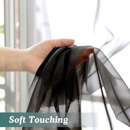 Chyhomenyc Extra Long Black Sheer Curtains 144 inch 2 Panels Set, Translucent Backdrop Window Scarf Drapes for Canopy Bed/Wedding/Living Room/Anniversary, 12FT Length, Each 42Wx144L in, 2PCS, Black