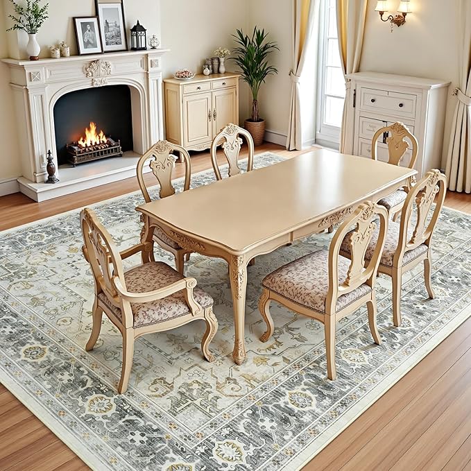 Lofus 6x9 Area Rugs for Living Room, Machine Washable Non-Slip Area Rug, Low Pile Large Rugs for Bedroom, Kitchen, Dining Room, Home Office, Vintage Oriental Print Rug, Taupe Grey