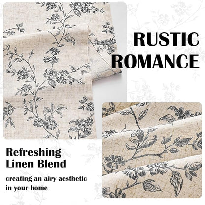 Lazzzy Farmhouse Linen Curtains Extra Long Black Floral Curtains 108 Inch Length Back Tab Drapes for Living Room Bedroom Light Filtering Country Vintage Rod Pocket, 2 Panels, Black on Beige