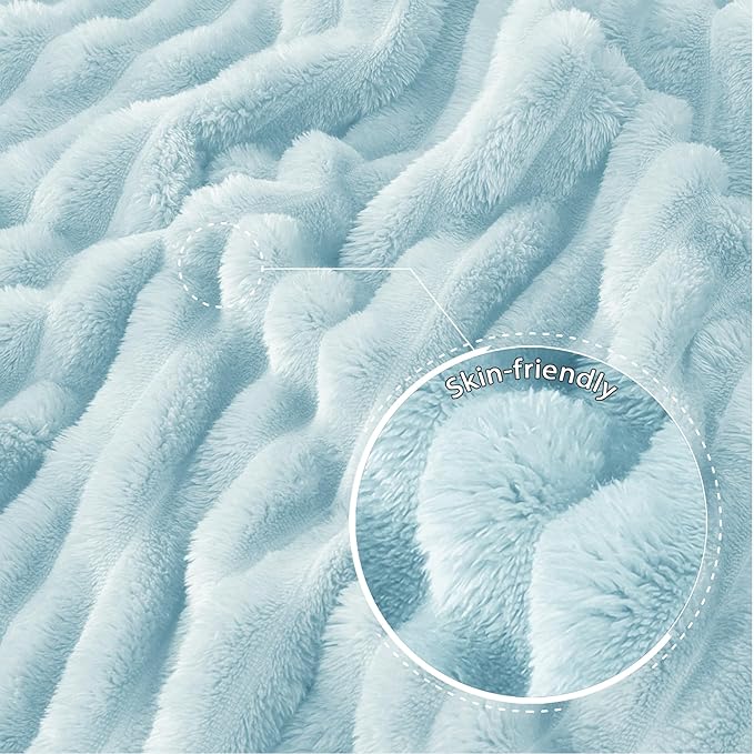 Exclusivo Mezcla Queen Size Flannel Fleece Blanket, Super Soft Striped Jacquard Bed Blanket, Lightweight Fuzzy Cozy for All Seasons, 90x90 Inches, Light Blue