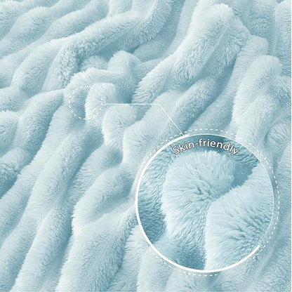 Exclusivo Mezcla Queen Size Flannel Fleece Blanket, Super Soft Striped Jacquard Bed Blanket, Lightweight Fuzzy Cozy for All Seasons, 90x90 Inches, Light Blue