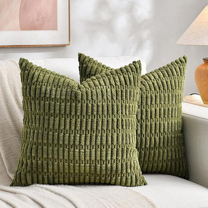 Fancy Homi 4 Packs Boho Moss Green Decorative Throw Pillow Covers 22x22 Inch for Couch Bed Sofa, Rustic Modern Farmhouse Home Decor, Soft Plush Corduroy Cute Square Cushion Case 55x55 cm