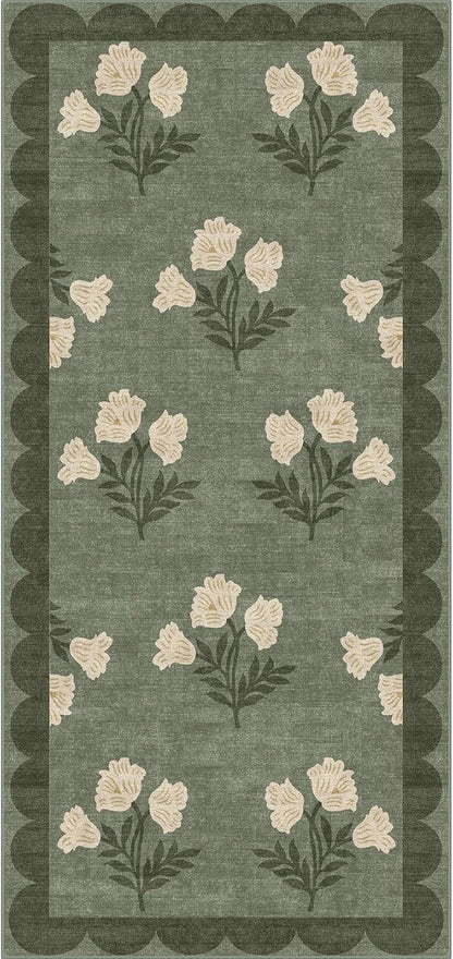 Front Door Mat Indoor Entrance - 2x4.3 Ft Floral Washable Layered Doormat Outdoor Entrance Porch Rug Non-Slip Sage Green Boho Runner Rug for Kitchen Hallway Bedroom Laundry Room Porch Decor
