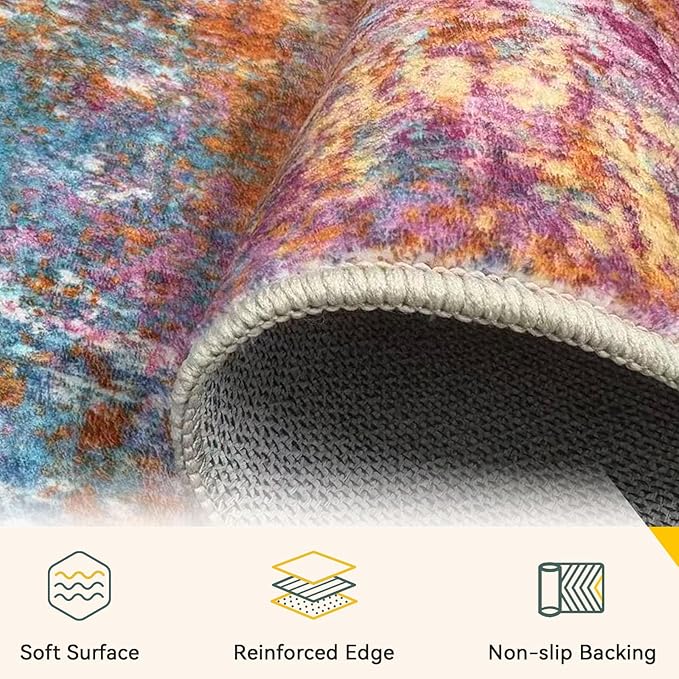 Washable Area Rugs 2'x3' Non-Slip Modern Abstract Soft for Living Room Entryway Bedroom Nursery, Print Pattern, Orange Blue Pink Yellow Colorful