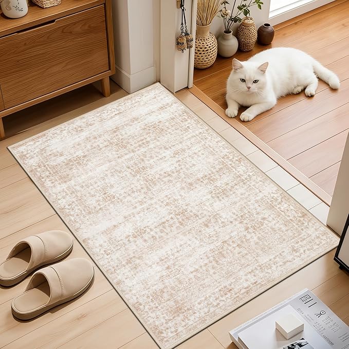 2x3 Area Rugs Living Room Rug: Washable Vintage Boho Rug No Slip Stain Resistant Soft Carpet Indoor Floor Floral Large Carpets for Bedroom Dining Room Farmhouse Nursery Hallway Home Office Beige