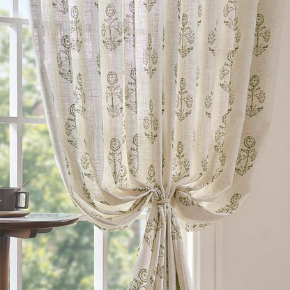 jinchan Linen Floral Curtains for Living Room 84 Inch Length Green Flower Cottage Core Farmhouse Curtains Rod Pocket Back Tab Boho Semi Sheer Window Drapes Bedroom Set 2 Panels Green on Beige