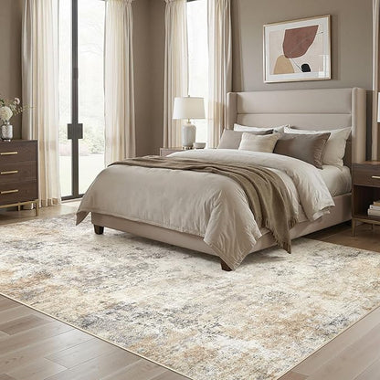 UERMEI 10x14 Area Rug Living Room Rugs - Washable Neutral Modern Abstract Soft Thin Large Rug Indoor Floor No Slip Rug Carpet for Bedroom Under Dining Table Home Office Decor - Golden Grey