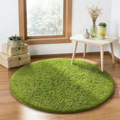 Ophanie Green Round Rug 4Ft Circle Area Rug, Green Room Decor, Fluffy Fuzzy Bedroom Carpet, Plush Soft Shaggy Living Room Rugs for Kids Home Decor Aesthetic, Nursery
