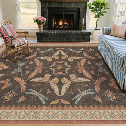 5x8 Brown Rugs for Living Room, Soft Boho Rugs for Bedroom, Non Slip Dining Room Carpet for Under Table, Vintage Farmhouse Home Décor, Low Pile Stain Resistant Mat