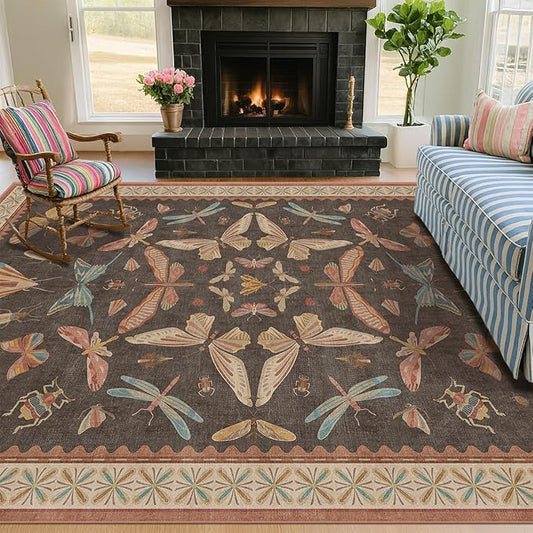 5x8 Brown Rugs for Living Room, Soft Boho Rugs for Bedroom, Non Slip Dining Room Carpet for Under Table, Vintage Farmhouse Home Décor, Low Pile Stain Resistant Mat