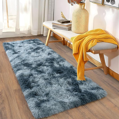 Soft Runner Rugs for Bedroom Hallways, 2x5 Tie-Dyed Blue Grey Fluffy Shag Throw Area Rug Non Slip for Bedside Dorm, Long Shaggy Furry Carpet for Nursery Living Room