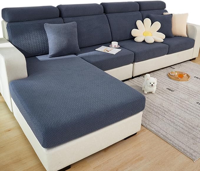 Couch Cushion Covers for Sofa Couch Covers Wear-Resistant Universal Sofa Cover Washable Stretch for Sectional Slipcovers (Texture-Gray Blue,Chaise Cover)