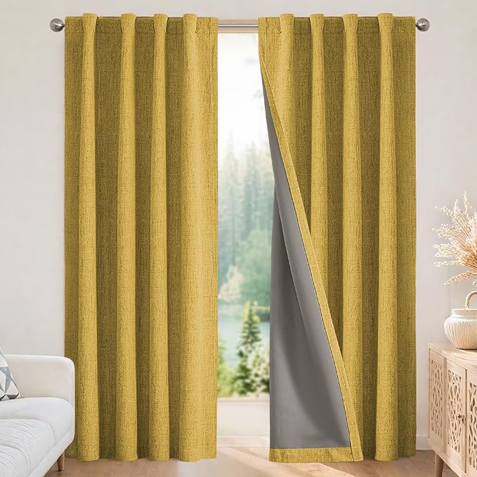 Joydeco Blackout Curtains for Bedroom - 100% Light Blocking 2 Panels Set Yellow Drapes 66"W x 108"L, Thermal Insulated Room Darkening Curtains, Linen Textured for Living Room, Rod Pocket & Back Tabs
