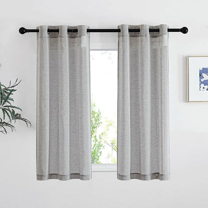 NICETOWN Charcoal Grey Linen Curtains for Bedroom 48 inch Long, Grommet Flax Semi Sheer Short Window Treatments Privacy with Light Filtering Drapes for Kids Room, 2 Panels, W36 x L48