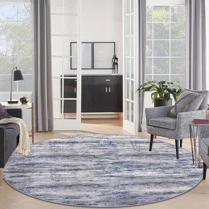 KOZYFLY Round Area Rugs 6Ft Modern Abstract Ombre Circle Rug for Bedroom, Washable Rug Non-Slip Soft Striped Living Room Area Rug, Print Grey-Blue Carpet for Laundry Nursery