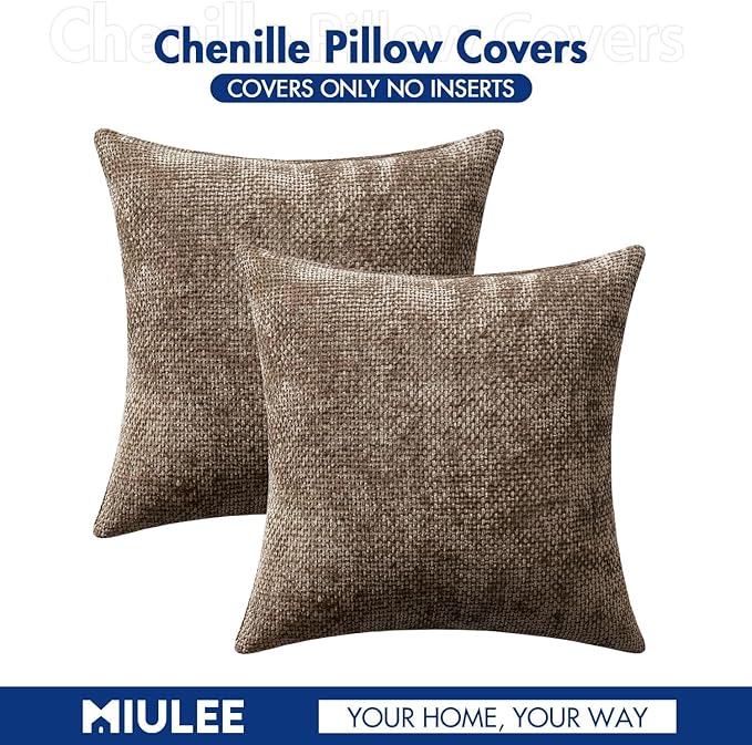 MIULEE Pack of 2 Couch Throw Pillow Covers 20x20 Inch Brown Boho Accent Decorative Pillow Covers Soft Chenille Farmhouse Cushion Covers for Home Decor Bed Sofa Living Room