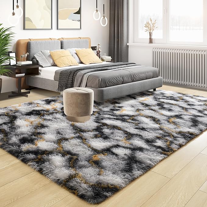 Tepook Fluffy Large Rugs for Living Room, Area Rug 6x9 Soft Carpet for Bedroom, Modern Shaggy Rug for Kids Boys Girls, Plush Indoor Nursery Home Decor Rug with Non-Slip Bottom, White Black Gold