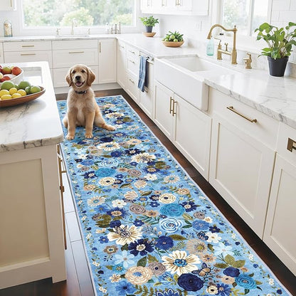 Rug for Hallways Kitchen Rug 2'6" x 14', Non Slip Washable Rugs with Rubber Backing Soft Floral Carpet Runner for Hallways, Kitchen, Laundry, Bedroom, Bathroom(2.6 x 14, Blue Garden)