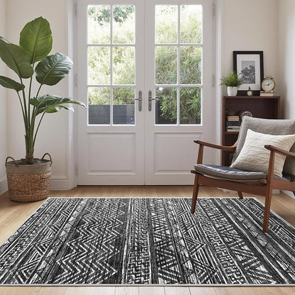3x5 Washable Entryway Area Rug: Modern Moroccan Small Runner Rug Indoor Soft Non Slip Rug for Living Room Low Pile Thin Floor Carpet for Kitchen Dining Room Bedroom Home Office Decor(3x5,Black)