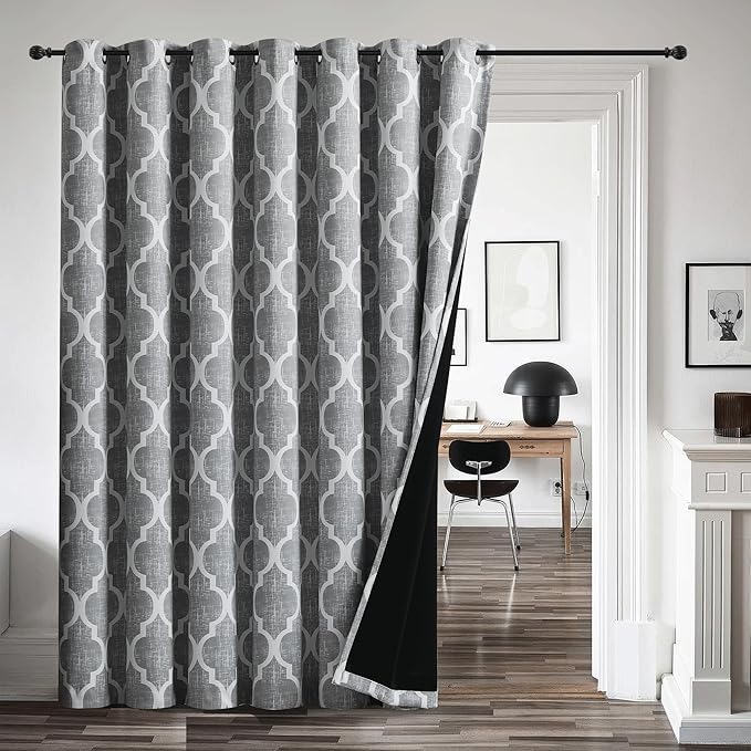 Beauoop 100% Blackout Curtains 84 Inches Long for Patio Sliding Door Grey Extra Wide Moroccan Geo Room Darkening Gray Thermal Soundproof Room Divider Grommet Window Treatment Drapes,100x84 Set of 1