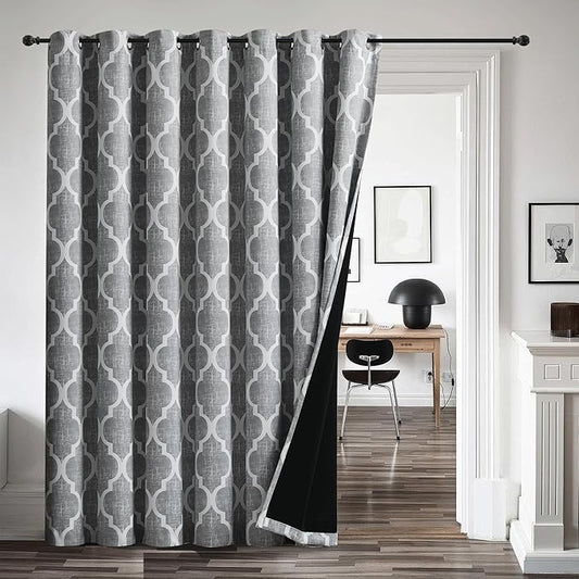 Beauoop 100% Blackout Curtains 84 Inches Long for Patio Sliding Door Grey Extra Wide Moroccan Geo Room Darkening Gray Thermal Soundproof Room Divider Grommet Window Treatment Drapes,100x84 Set of 1