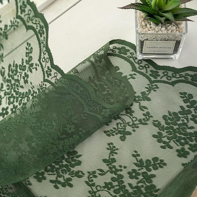 YJ YANJUN Vintage Lace Curtains 108 Inches Long- Victorian Floral Pattern Dark Olive Green Sheer Curtain Panels for High Ceiling Living Room Aesthetic Neutral Decor 52Wx108L Moss Green