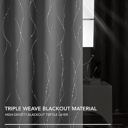 Deconovo Blackout Curtains, Grey Curtains, Thermal Insulated Soundproof Grommet Drapes, Silver Wave Dot Foil Print, 42 x 72 Inch, 2 Panels, Machine Washable Window Panel for Living Room Bedroom Office