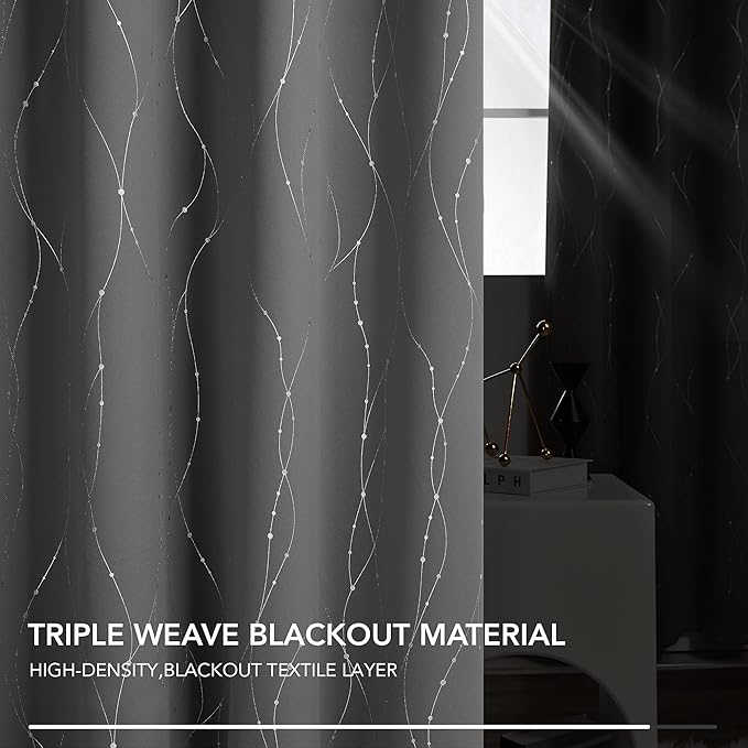 Deconovo Blackout Curtain, Grey Curtains, Thermal Insulated Soundproof Grommet Drapes, Silver Wave Dots Foil Print, 42 x 84 Inch, 2 Panels, Machine Washable Window Panel for Living Room Bedroom Office