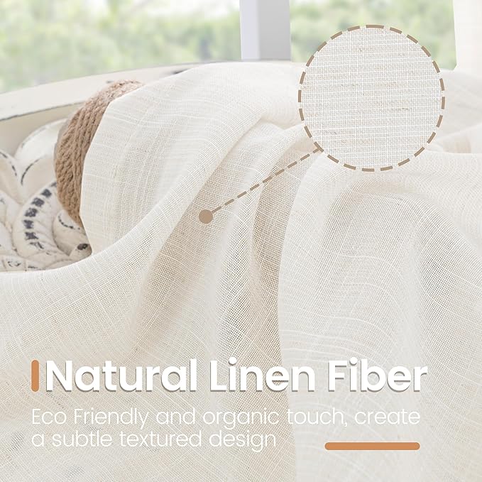 BGment Linen Curtains 40 Inch Length for Kitchen Cafe Window - Rod Pocket Ivory Semi Sheer Drapes Natural Light Filtering for Bedroom Bathroom Lightweight Rustic, 2 Panels Set, 42 X 40 Inch