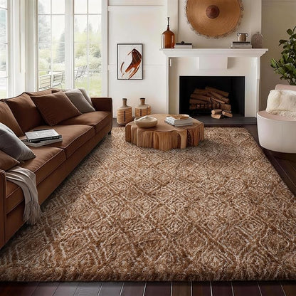 Ophanie Brown and White Diamond Striped Rugs for Living Room 8x10, Fluffy Shag Large Fuzzy Plush Soft Carpets, Shaggy Rugs for Bedroom, Carpet for Kids Boys Girls Dorm Nursery Home Decor Aesthetic