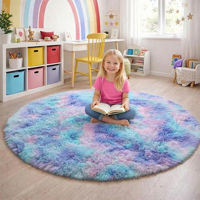 Amdrebio Purple Rainbow Round Area Rug 7Ft for Girls Bedroom Living Room Decor, Mermaid Stitch Frozen Kids Rugs for Playroom Nursery Classroom, Fluffy Fuzzy Cute Plush Carpet, Large Big Circle Rug