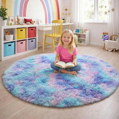 Amdrebio Purple Rainbow Round Area Rug 7Ft for Girls Bedroom Living Room Decor, Mermaid Stitch Frozen Kids Rugs for Playroom Nursery Classroom, Fluffy Fuzzy Cute Plush Carpet, Large Big Circle Rug