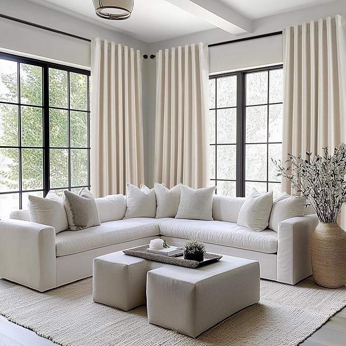 Topfinel Cream Linen Blackout Curtains 102 Inch Length 2 Panels Set for Living Room Bedroom Back Tab Thermal Insulated 100% Black Out Linen Drapes Room Darkening Cabin Curtains Beige