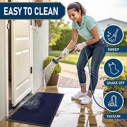Smiry Front Door Mat Outside Entrance, Heavy Duty Natural Rubber Doormat, Non Slip, Trap Dirt and Moisture, Easy Clean, Low Profile Welcome Floor Mats for Indoor Outdoor Entry, 59x34 Inch, Navy Blue