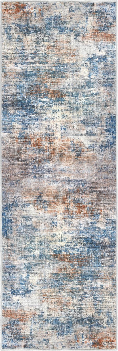 IOHOUZE Abstract Runner Rug 3x8 Ft Washable Runners for Hallways, Non Slip Kitchen Runner Printed Faux Wool Entryway Runner Indoor, Modern Abstract Floor Carpet for Hall Bedroom, Blue Rust