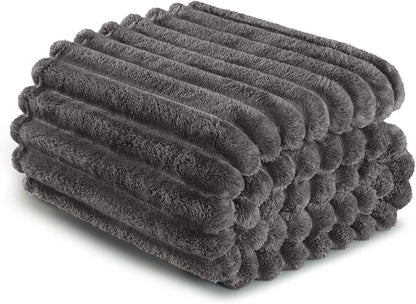 Exclusivo Mezcla Queen Size Flannel Fleece Blanket, Super Soft Striped Jacquard Bed Blanket, Lightweight Fuzzy Cozy for All Seasons, 90x90 Inches, Dark Grey