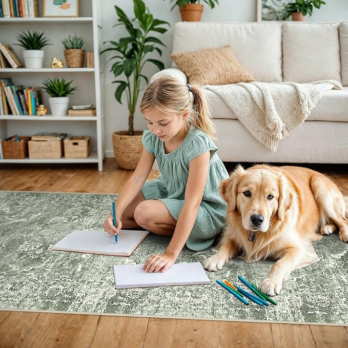 2'6"x16' Washable Hallway Runner Rug - Non Slip Kitchen Runner Rugs with Rubber Backing Vintage Low-Pile Carpet Runners for Entryway Dining Room Laundry Room Home Decor (Muted Sage Green)