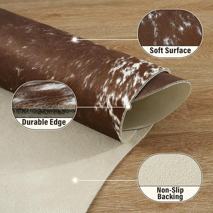 AROGAN Western Decor Faux Fur Cowhide Rug, 5.2x6.3 Feet Premium Animal Skin Cow Hide Rug, Sturdy Cow Print Rugs for Wall Decor, Western Floor Carpet for Bedroom Living Room, Spotted Brown